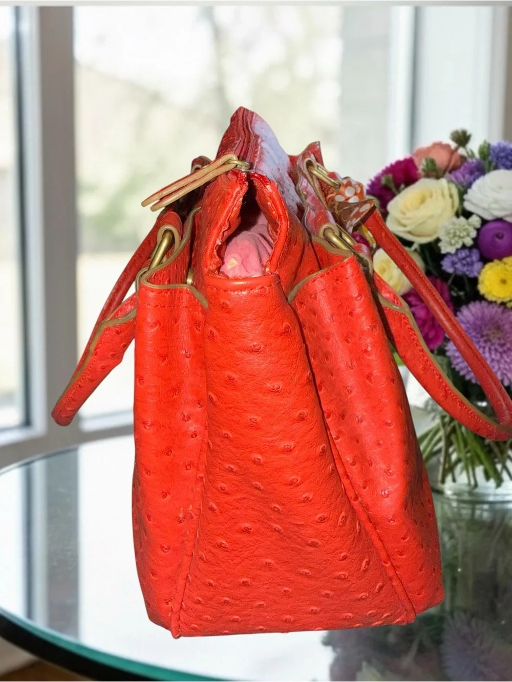 Bueno Red Ostrich Embossed Satchel Handbag with Scarf Accent